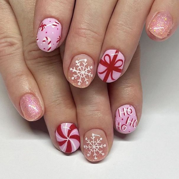 Short Glittering Square Armor 2024 Christmas Glitter Ribbon Bow Snowflake Candy Crutch Removable Nail Art 24 Pieces_viptrois.com