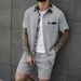 Men's Summer Solid Color Short Sleeve Shirt Set Color Blocking Buttons_viptrois.com