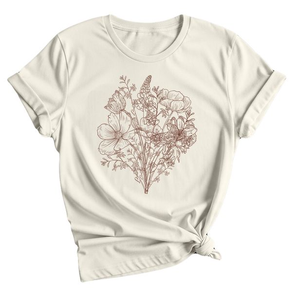 Wildflowers Botanical Nature Womens 100% Cotton T-shirt Mens Tees Top Floral Line Art_viptrois.com