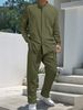 Men's Clothing Retro Stand Collar Linen Shirt & Pants Set Casual Long Sleeve Button-Up Top Relaxed Fit Trousers (White, Navy, Army Green)_viptrois.com