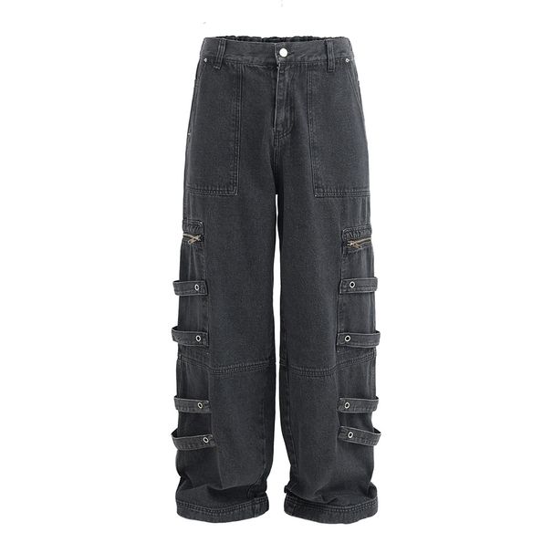 Punk Vintage Washed Workwear Jeans For Men, Trendy Brand With Pocket Zipper Design, Side Straps, Distressed Straight-Leg_viptrois.com