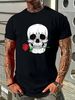 Skull Head Face Red Rose Rock N Roll Cool Skeleton T-Shirt Women Stretched Designer Clothes Casual Unisex Summer Comfortable Female Slightly Top For Everyday Wear Versatile Stylish Breathable T-Shirt For Women Casual Print Round Neck Short Sleeve_viptrois.com