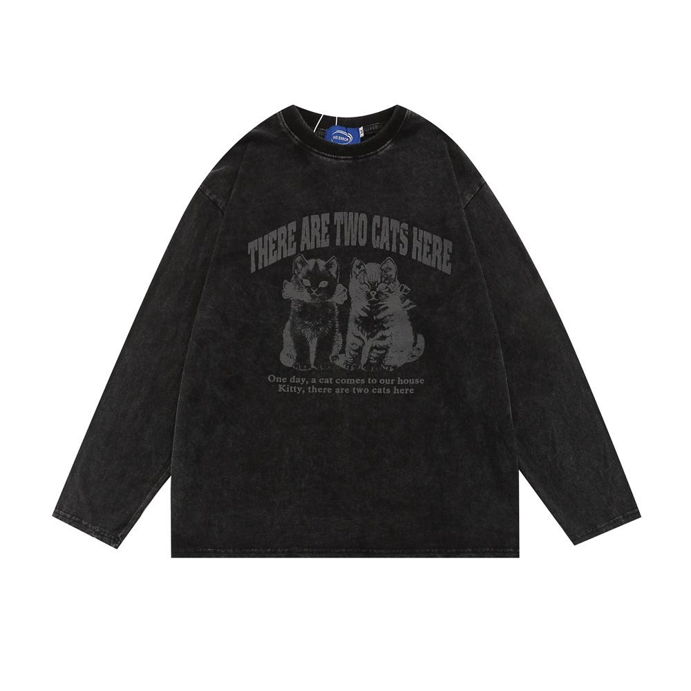 Animal Kitten Print Base Round Neck Sweatshirt Spring Autumn Loose Casual Long Sleeve T-Shirt Top Men Ins Street Fashion_viptrois.com