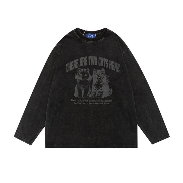 Animal Kitten Print Base Round Neck Sweatshirt Spring Autumn Loose Casual Long Sleeve T-Shirt Top Men Ins Street Fashion_viptrois.com