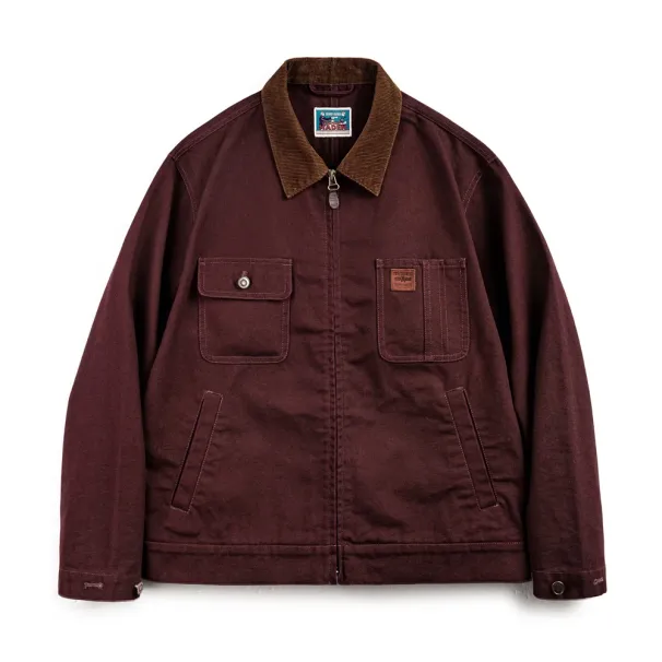 Maden Retro Heavyweight Canvas Detroit Jacket Corduroy Collar Hunting Short Zip-Up Jacket With Pockets Men's Autumn Outerwear_viptrois.com