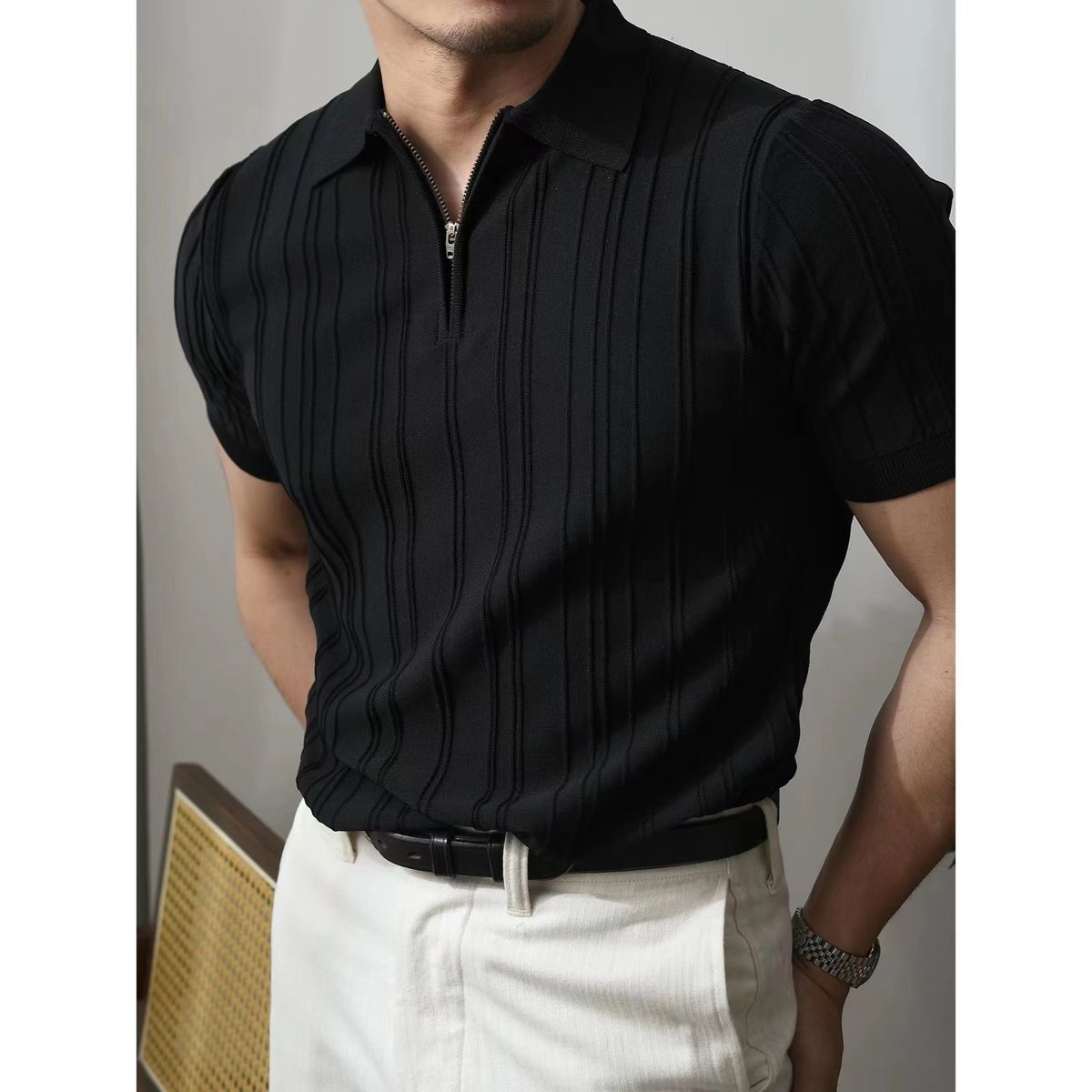 Men's Clothing Retro Zipper Knitted Polo Shirt Short Sleeve Summer New Slim Elegant Commuter T Shirt Top_viptrois.com