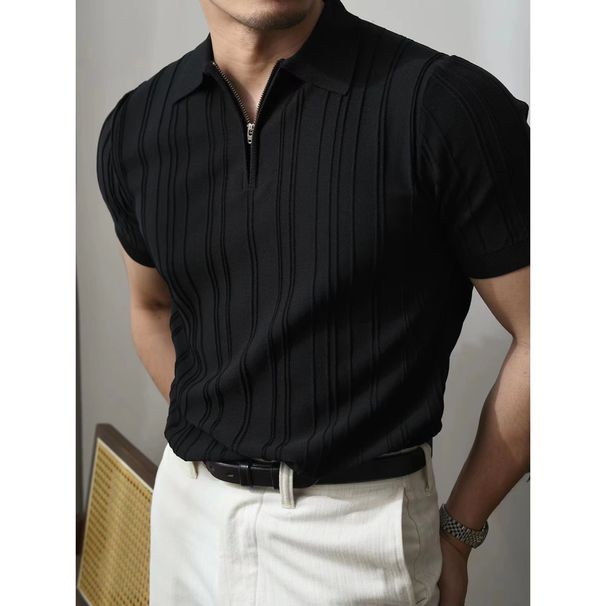 Men's Clothing Retro Zipper Knitted Polo Shirt Short Sleeve Summer New Slim Elegant Commuter T Shirt Top_viptrois.com