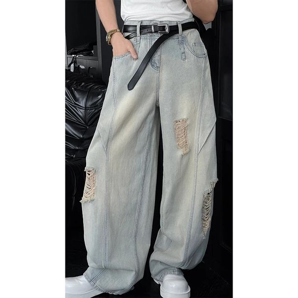 Men's Clothing Ripped Center Seam Jeans Men's Summer Thin American High Street Trendy Trousers Loose Straight Wide Leg Casual Trousers_viptrois.com