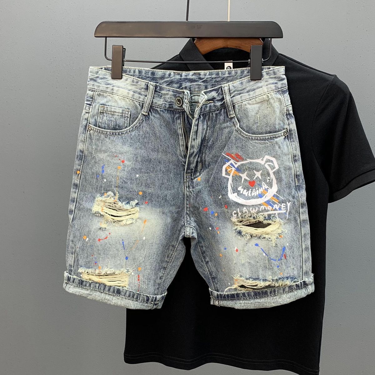 Denim Shorts Men's Personalized Printing Ink Splash Summer Pants_viptrois.com