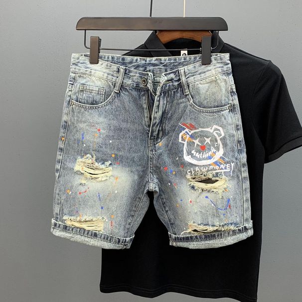 Denim Shorts Men's Personalized Printing Ink Splash Summer Pants_viptrois.com