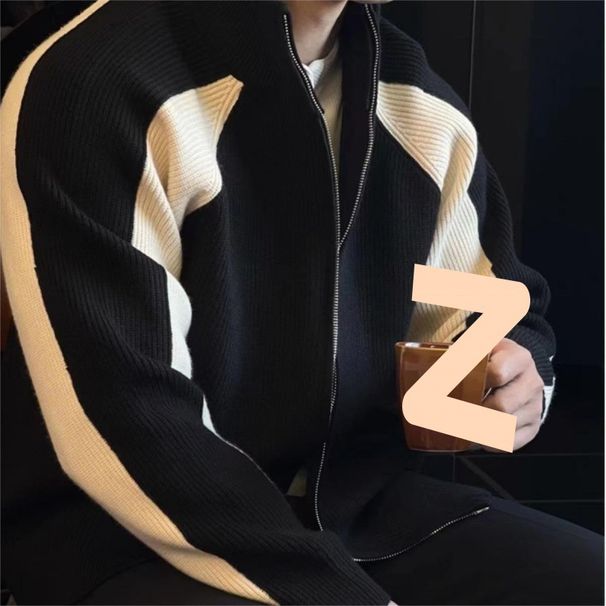 Knitted Sweater Men's Contrasting Zipper Cardigan Jacket Loose And Versatile High-end Knitted Sweater_viptrois.com
