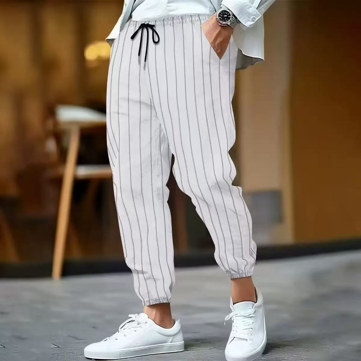2025 Cross-Border European And American New Striped Versatile Linen Long Loose Breathable Fashion Sports Casual Men's_viptrois.com
