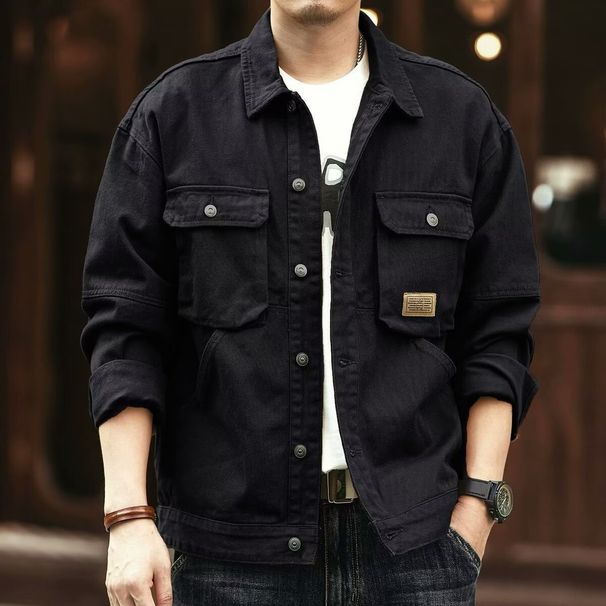 Men's Vintage Denim Jacket With Fleece Lining, Multi-Pocket Workwear Style, Heavyweight Washed Cotton For Winter_viptrois.com
