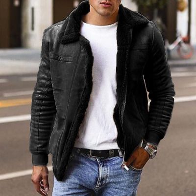 "Men's Faux Leather Jacket With Faux Fur Lining – Stylish Winter Coat For Urban Edge (Black/Slate Gray/White/Lake Blue, M-4XL)"_viptrois.com