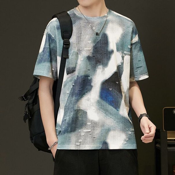 Trendy New Short-sleeved Summer Men's High-end T-shirt Half-sleeved Round Neck Versatile Loose Tie-dye Top T-shirt_viptrois.com