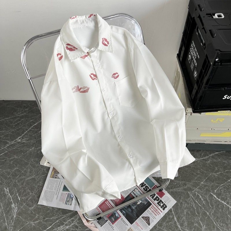Men's Clothing Lip Print Shirt Men's Long Sleeve Spring And Autumn Brand Loose Jacket Design Sense Printing Couple Men And Women Casual Shirt_viptrois.com