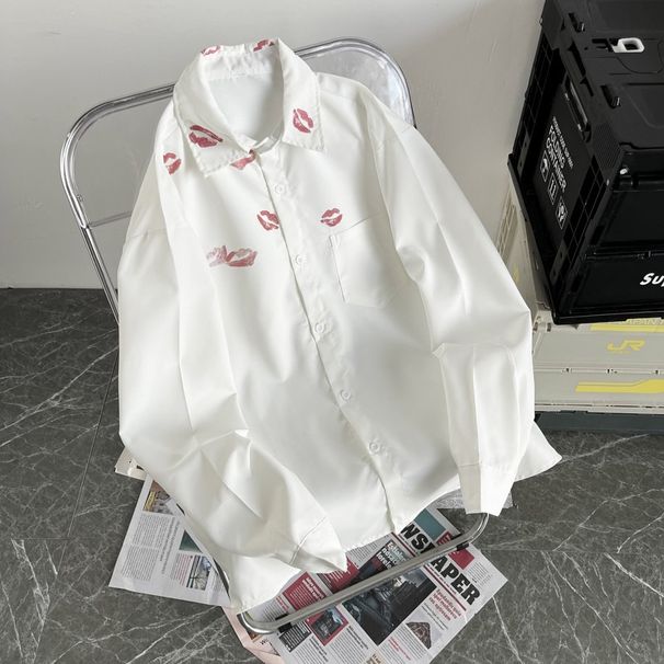 Men's Clothing Lip Print Shirt Men's Long Sleeve Spring And Autumn Brand Loose Jacket Design Sense Printing Couple Men And Women Casual Shirt_viptrois.com