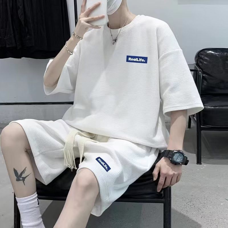Men's Clothing Waffle Sports Casual Suit Men's Loose Summer Short Sleeved T Shirt Set With Handsome Shorts Clothes_viptrois.com