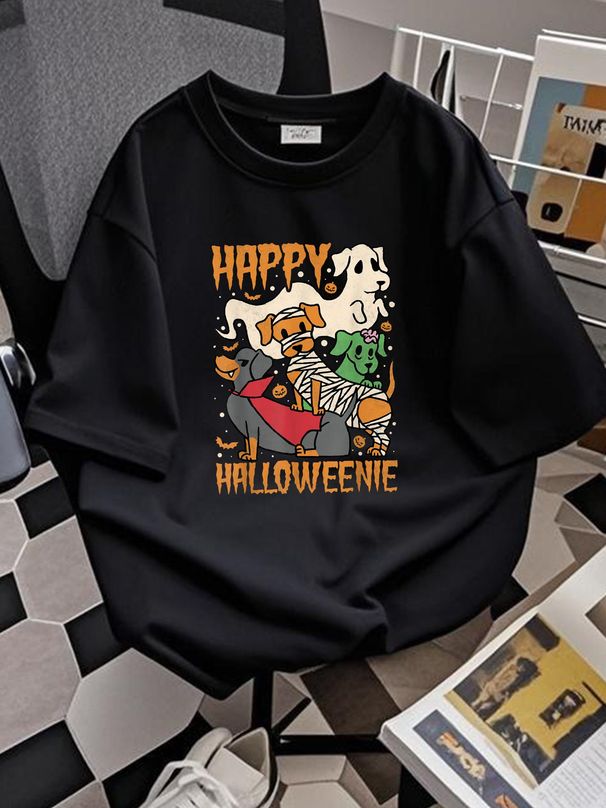 Happy Halloweenie, Halloween Dachshund T-Shirt Stretched Soft Women Top Graphic Tees Print Round Neck Short Sleeve Graphic Unisex Designer Clothes Top For Everyday Wear Comfortable T-Shirt For Women Casual Women Fashion Streetwear Female Stylish_viptrois.com