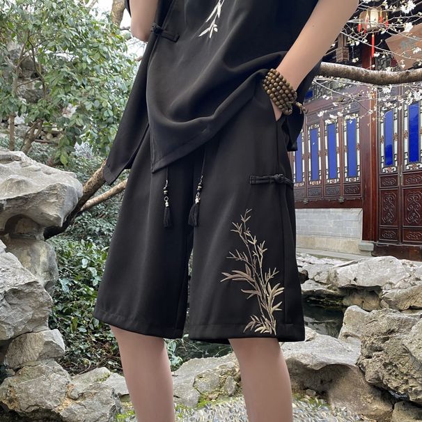 Men's Chinese Style Frog Button Suit Shorts Trendy Summer Casual Mid Length Pants With Embroidery Five Point_viptrois.com