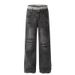American High Street Design, Double Waisted Washed Water Distressed Jeans, Men's And Women's Straight Wide Leg Pants_viptrois.com