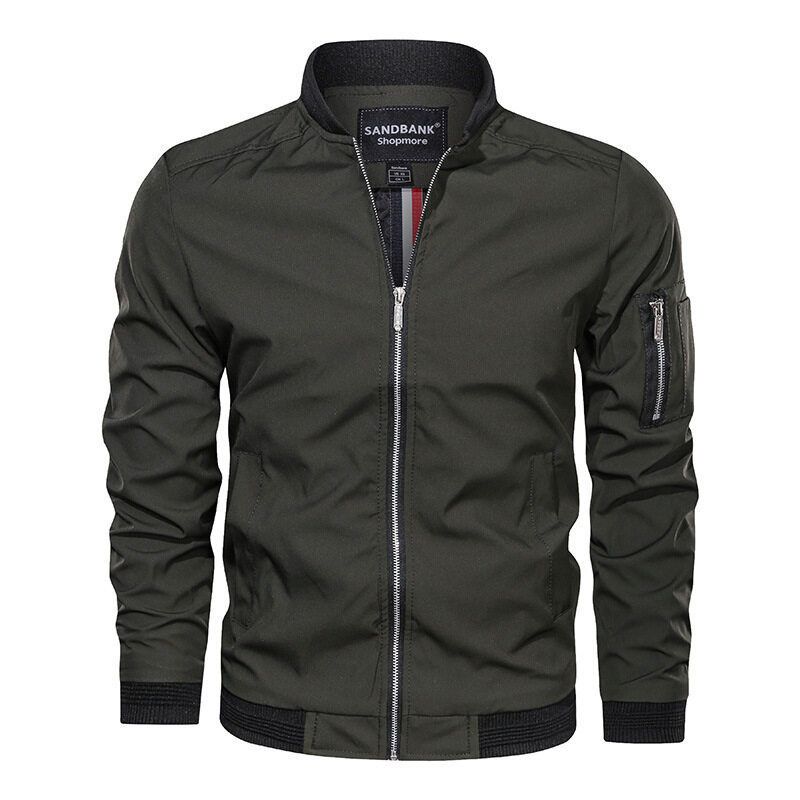 Men's Clothing Men's Slim Fit Lightweight Baseball Jacket With Stand Collar - Casual Outerwear In Solid Colors (Navy, Black, Army Green, Red, Khaki)_viptrois.com