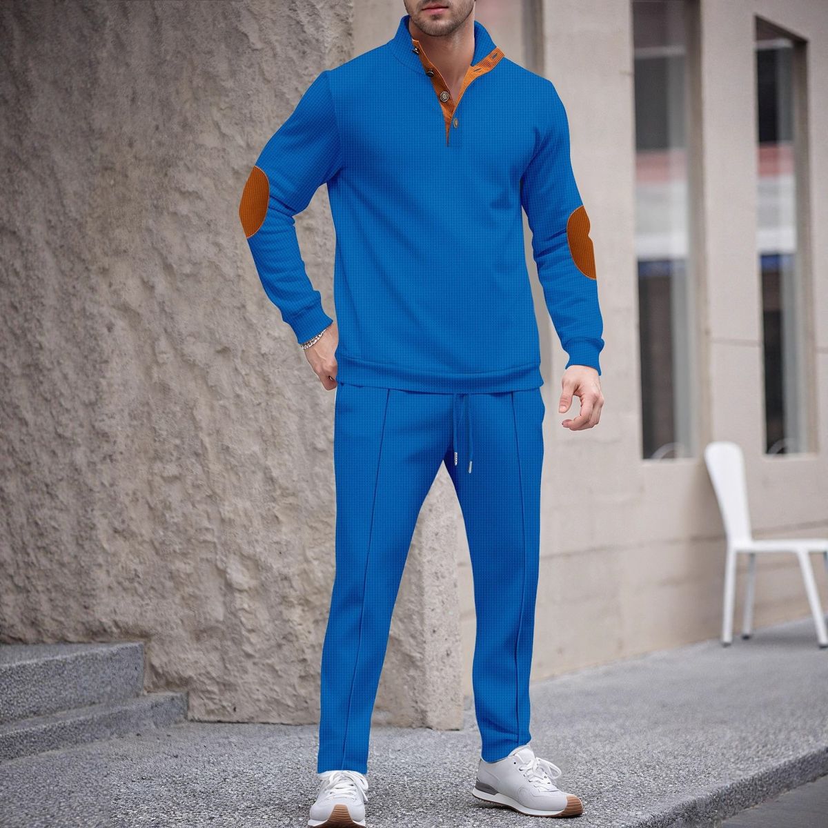 Men's Autumn New American Style Stand Up Collar Button Elbow Pads Color Matching Long Sleeved Sweatshirt Trousers Suit_viptrois.com