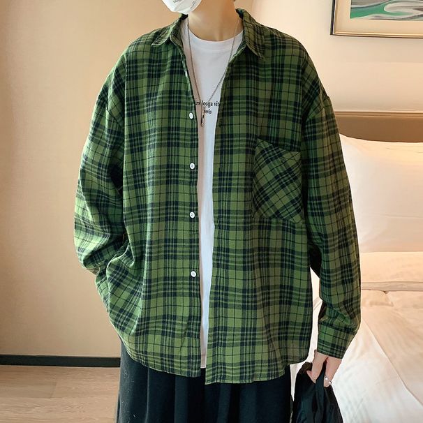 Long Sleeve Trendy Casual Hong Kong Style Ins Spring Japanese Retro Plaid Shirt Men's Cool Jacket_viptrois.com