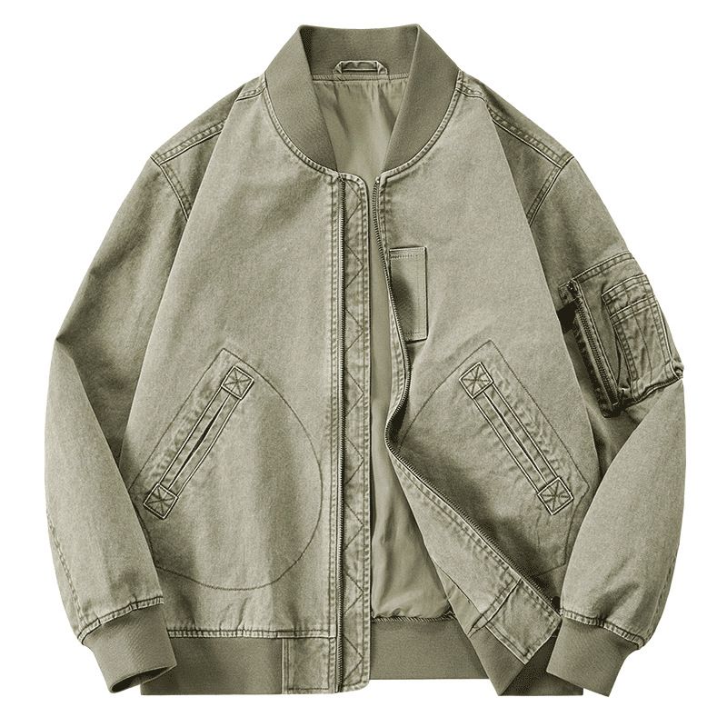 Men's Cotton Short Bomber Jacket Military Style Casual Flight Jacket With Stand Collar For Spring & Autumn (Light Army Green, Khaki, Olive Green)_viptrois.com