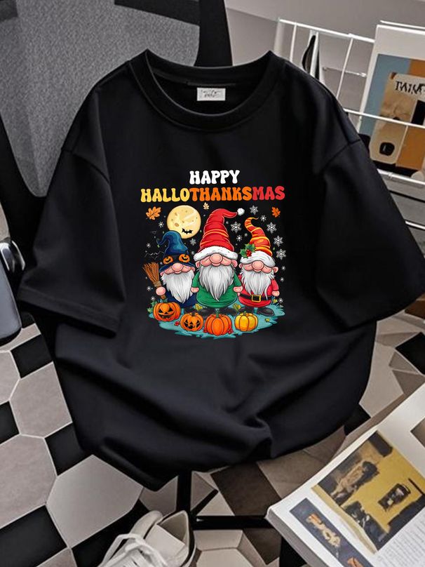 Happy HalloThanksMas Gnomes Halloween Thanksgiving Xmas T-Shirt Women Comfortable Summer Casual Breathable Designer Clothes Print Round Neck Short Sleeve Stretched Women Top Graphic Tees Soft Graphic Streetwear Versatile Unisex_viptrois.com
