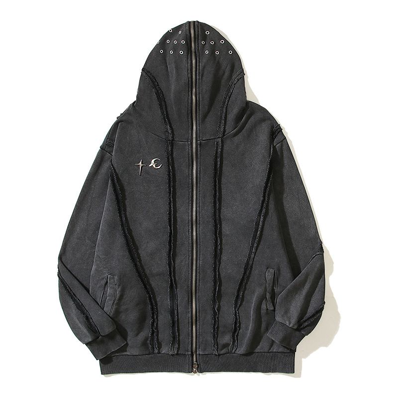 Men's Clothing Fashion Vibe Feng Shui Washed Batik Zipper Shark Masked Hooded Cardigan Sweater Casual Jacket_viptrois.com