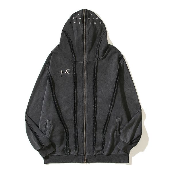 Men's Clothing Fashion Vibe Feng Shui Washed Batik Zipper Shark Masked Hooded Cardigan Sweater Casual Jacket_viptrois.com