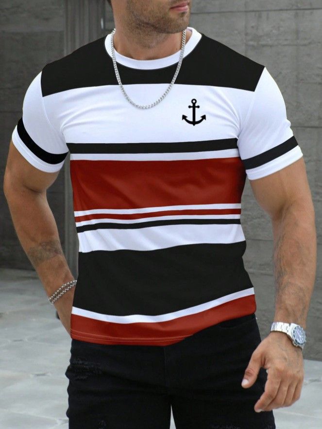 Men's Clothing Short Sleeved T Shirt Striped Print Youth Summer Casual Polyester Round Neck Top_viptrois.com