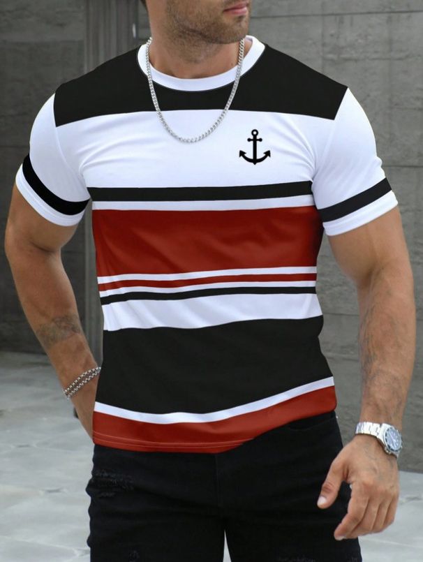 Men's Clothing Short Sleeved T Shirt Striped Print Youth Summer Casual Polyester Round Neck Top_viptrois.com
