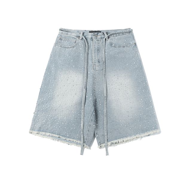 Men's Clothing High Street Retro Washed Raw Edge Denim Shorts Personality Hot Diamond Shorts Wide Leg_viptrois.com