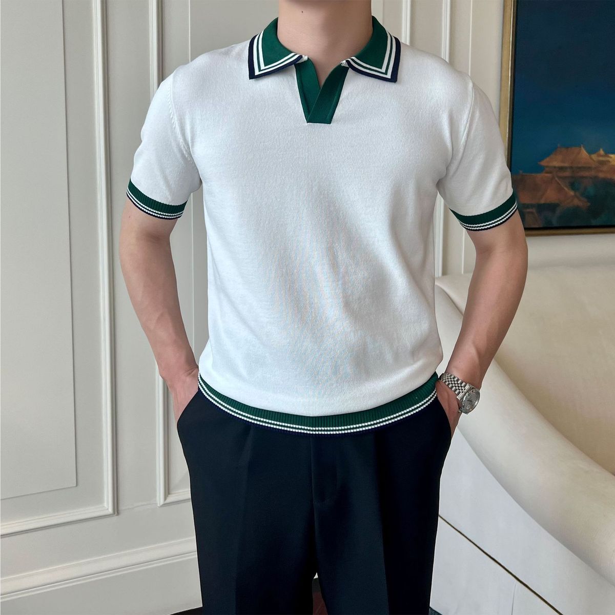 Men's Clothing Color Blocked Knit Short Sleeved Shirt For Men, Summer Style, Thin, Slim Fit, Simple, Business Casual, Cool, Shirt._viptrois.com
