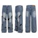 Men's Clothing National trend street washed distressed stitching metal decoration jeans unisex loose wide leg straight pants_viptrois.com