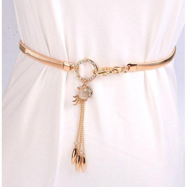 Diamond Waist Chain - Elastic Metal Belt With Fox Tassel (Adjustable, 18K Gold Plated)_viptrois.com