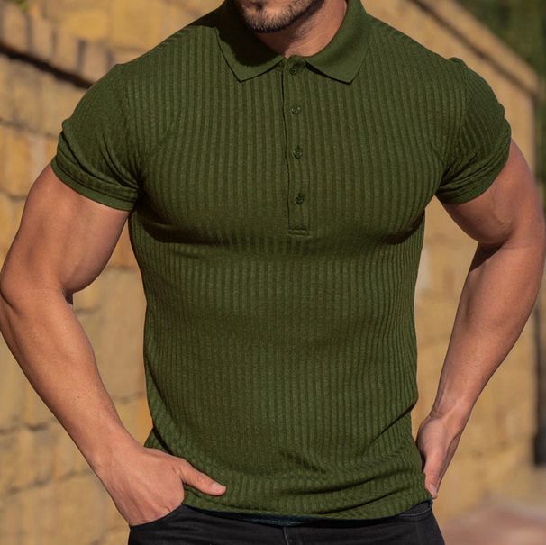 Men's Running And Fitness Clothing, Summer High Elasticity Vertical Stripe Short Sleeved Polo Shirt, Slim Fit T-shirt,_viptrois.com