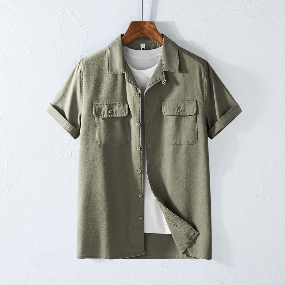 Men's Clothing Spring And Summer Cotton And Linen Short Sleeved Men's Shirt With Multiple Pockets Retro Lapel Workwear Breathable Shirt_viptrois.com