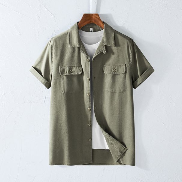 Men's Clothing Spring And Summer Cotton And Linen Short Sleeved Men's Shirt With Multiple Pockets Retro Lapel Workwear Breathable Shirt_viptrois.com