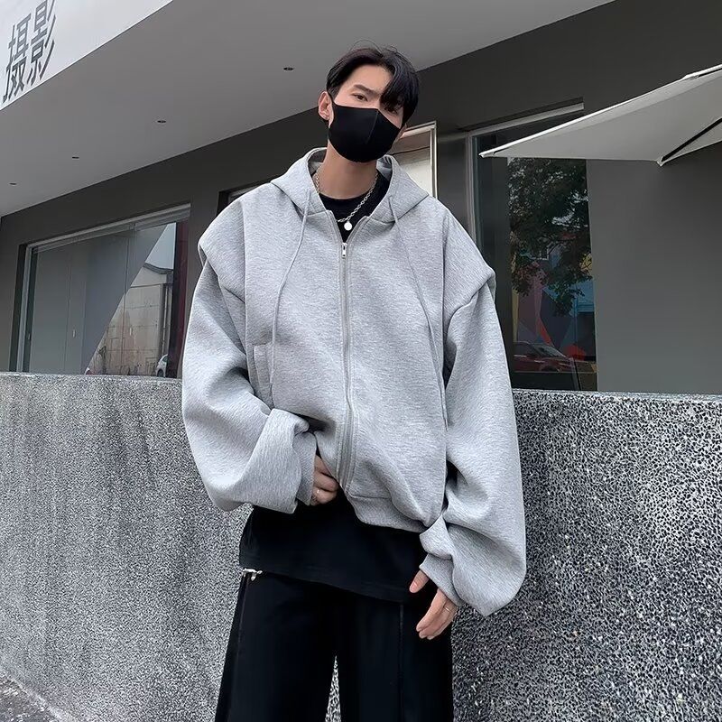 Silhouette Hooded Cardigan Sweatshirt Men's Autumn Short Shoulder Padded Casual Sports Jacket Top_viptrois.com