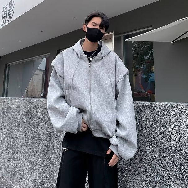 Silhouette Hooded Cardigan Sweatshirt Men's Autumn Short Shoulder Padded Casual Sports Jacket Top_viptrois.com
