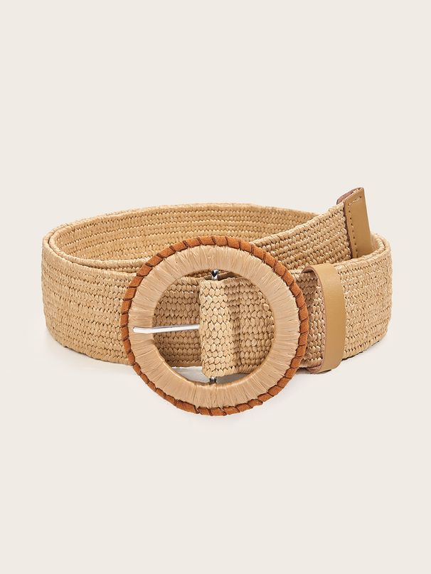 Women Braided Belts Hand Woven Round Buckle Elastic Pp Straw Belt_viptrois.com