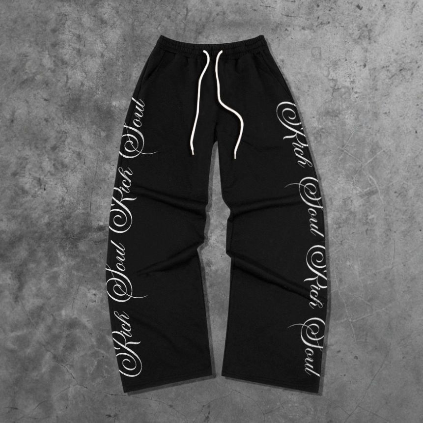 Men's Clothing Men's Streetwear Black Casual Pants With Letter Print, Drawstring Waist, Loose Fit, Comfortable Polyester Fabric_viptrois.com