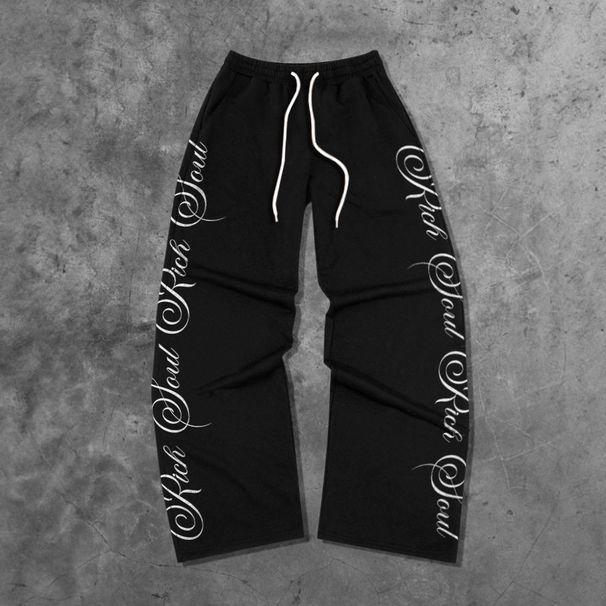 Men's Clothing Men's Streetwear Black Casual Pants With Letter Print, Drawstring Waist, Loose Fit, Comfortable Polyester Fabric_viptrois.com