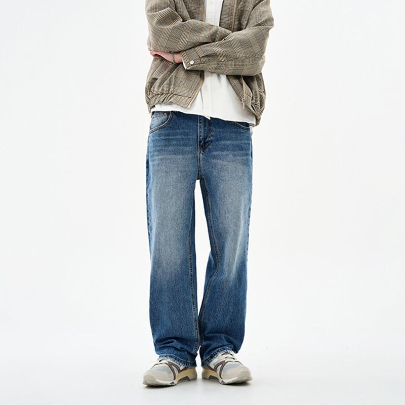 Men's Autumn/Winter Elastic Jeans 441g Straight Leg Loose Fit Imperial Blue Long Pants Versatile Mid Waist Slight Stretch_viptrois.com