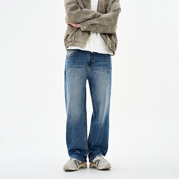 Men's Autumn/Winter Elastic Jeans 441g Straight Leg Loose Fit Imperial Blue Long Pants Versatile Mid Waist Slight Stretch_viptrois.com