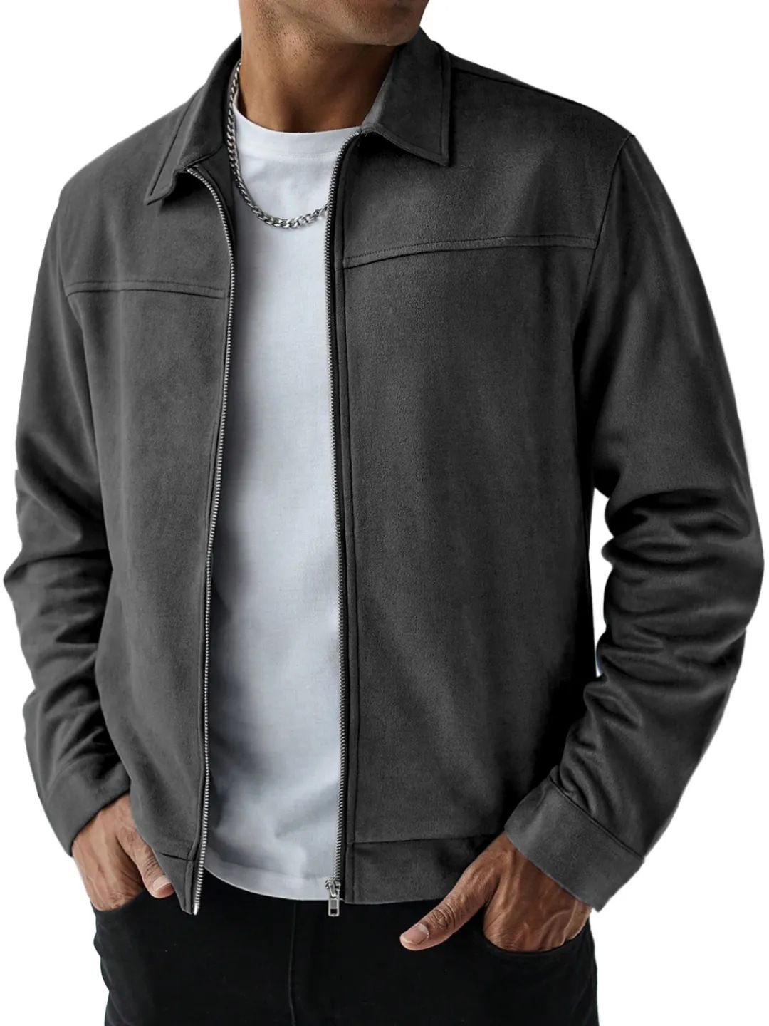 Men's Suede Fleece Casual Jacket, Slim Fit Long Sleeve Lightweight Outerwear, Zipper Front Stylish Coat For Autumn Winter, Multiple Colors & Sizes_viptrois.com