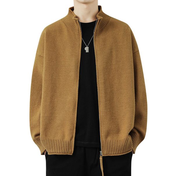 Autumn Win New Stand Collar Cardigan Solid Color Thickened Warm Long Sleeve Trendy Casual Lazy Style Knitted Men_viptrois.com